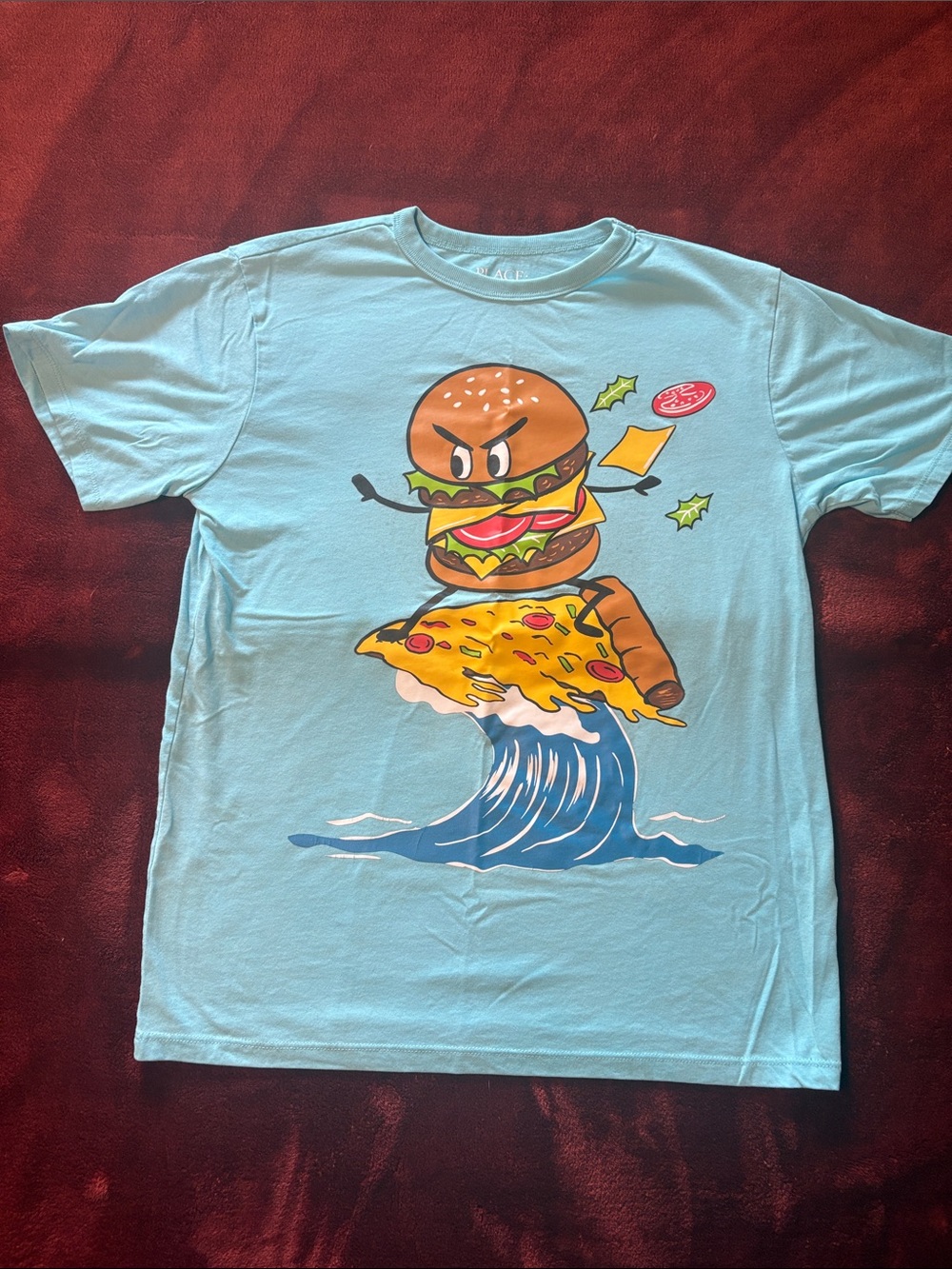 The Children's Place Light Blue Kids T-Shirt with Burger & Pizza Surf Graphic